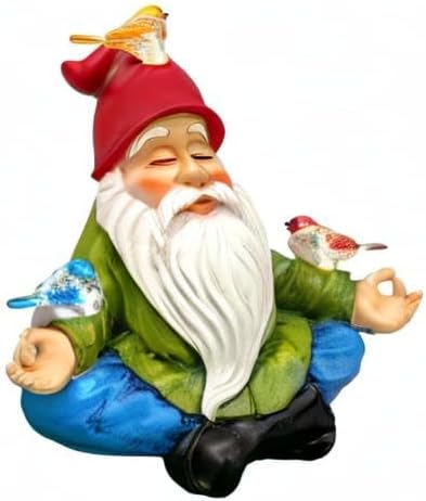 Solar Powered Gnome with Red Hat and 3 Birds, Resin Garden Ornament with LED Light, Lawn Figurine Outdoor Decoration Statue (Gnome with 3 Birds)