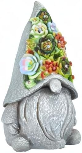 Solar Garden Statues Gnomes Figurine with Succulent and LED Lights - Garden Gnome Statues Decorations for Yard, Outside, Patio, Balcony - Gardening Housewarming Birthday Gifts