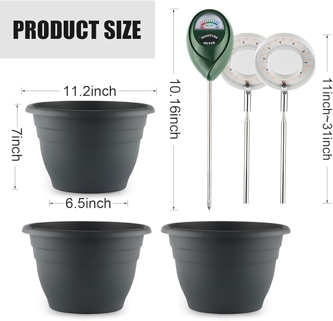 RooTrimmer 2 Pack 11 Inch Plant Pots with LED Grow Lights,Grey Indoor Flower Pots with Full Spectrum Dimmable Grow Lights,Drainage Holes & Plug,Soil Moisture Meter Included