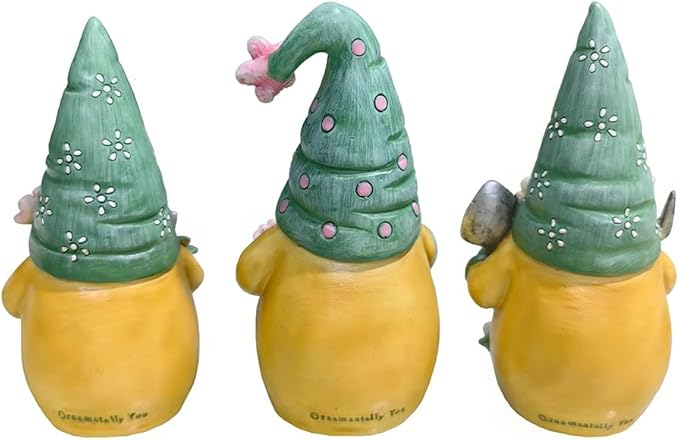 Spring & Summer-Themed Garden Statues – Adorable Outdoor Decor for Lawn, Patio & Porch (Garden Guardians Set of Three 6" Gardening Gnome Figurines, Floral Green and Yellow Statue Decor)