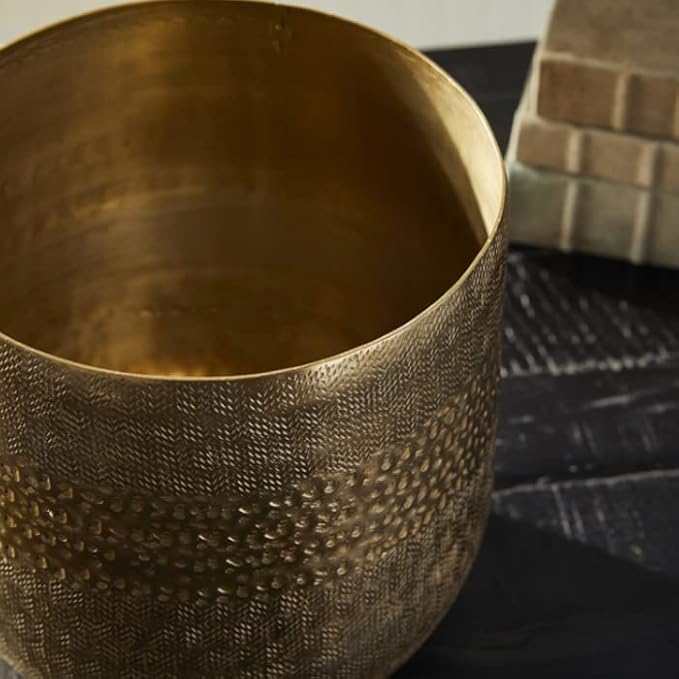MY SWANKY HOME Elegant Classic Embossed Metal Gold Cachepot Planter Hammered Textured Round 10.5 in Indoor