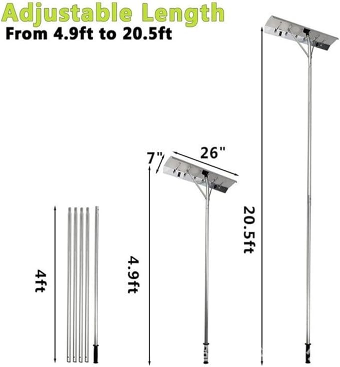 Adjustable Roof Snow Rake 4.9–20.5 Ft, Lightweight Aluminum Roof Snow Remover Tool, Long Reach Roof Rake for Snow Removal and Ice Dams
