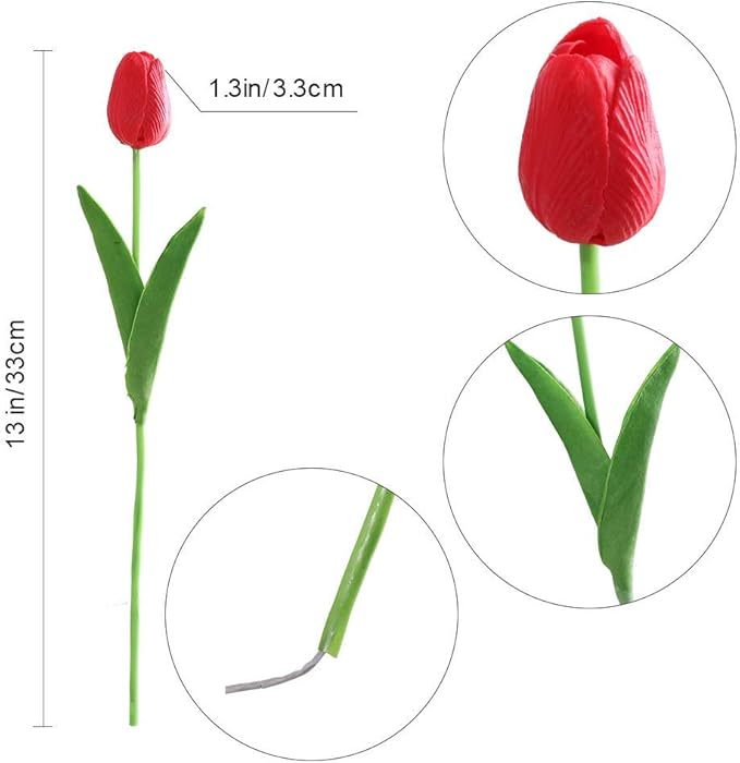 Kisflower 30Pcs Latex Tulips Real Touch Red Artificial Flowers Fake Tulips Arrangement Bouquet for Home Office Wedding Decor (Red)