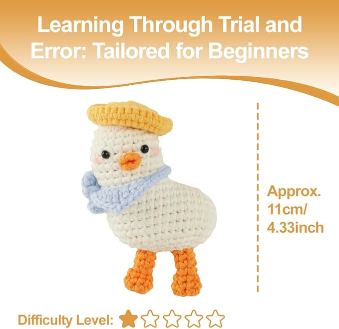 Duck Crochet Kit for Beginners - Complete Amigurumi Starter Set with Step-by-Step Video Tutorials | Easy-to-See Anti-Split Yarn & Pre-Started Magic Loop | Ideal Creative DIY Gift for Adults & Kids