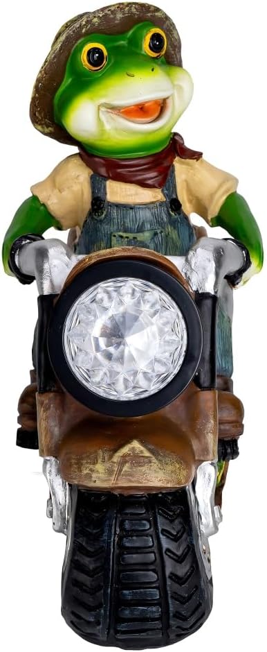 Solar Frog Motorcycle Statue Light-Outdoor Garden Decor Figurine with LED Headlight,-Resin Frog Riding Motorbike Ornament for Patio, Yard, Lawn, Pathway- Unique Housewarming Gift