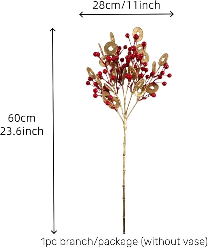 KYMY Chinese & Vietnamese Lunar New Year Artificial Berry Branch – 2026 Red Holly Berries Stems with Gold Fortune Coins, 23.6 Inch Spring Festival Floral Picks for Vase Table Home Decor
