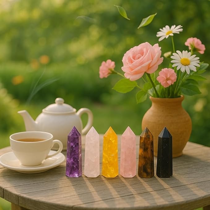 ANAYA AGATE Healing Crystal Wand Set of 6 Orgonite 3.5 Inch Gemstone Towers – Amethyst, Rose Quartz, Citrine, Clear Quartz, Tiger Eye, Black Tourmaline Necklace ChristmasGift Set