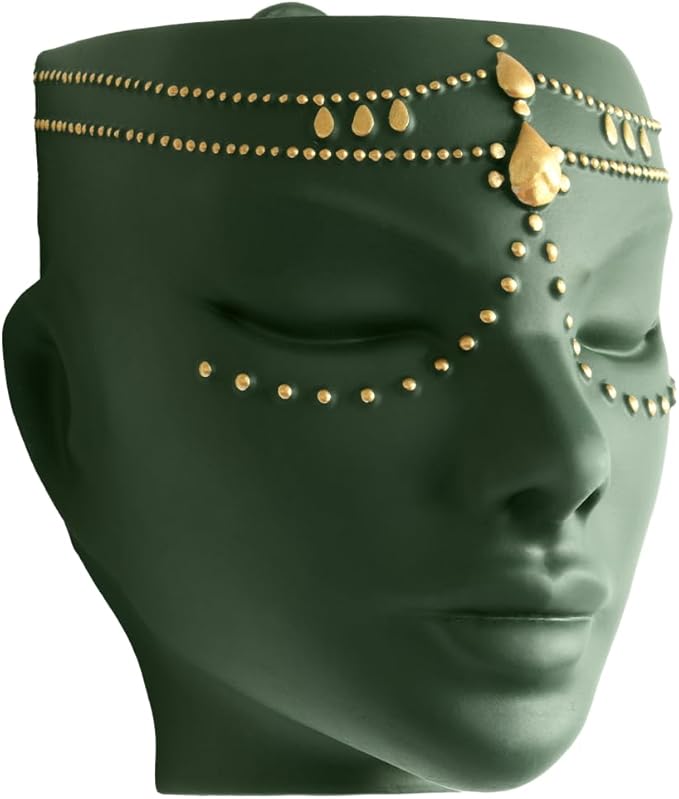 Head Planter - Indoor & Outdoor Home Decor Gifts for Plant Lovers - for Flat Surface or Wall Mount - Unique Face Planter for Flowers, Succulents, & More (7 inch, Serena Design, Green)