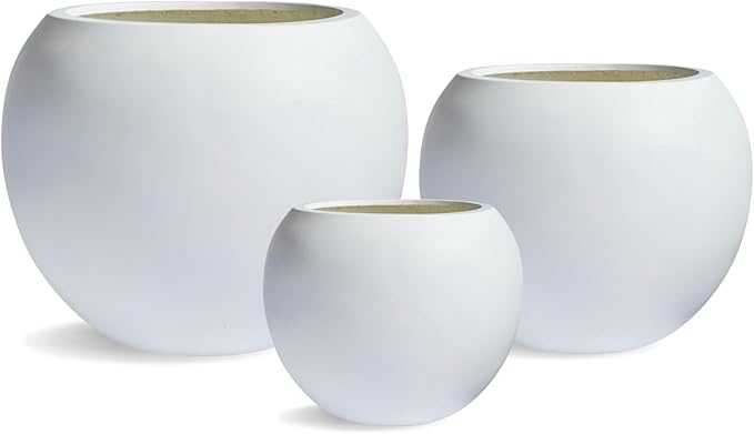 KUTE NEST 9.7" H x 12" D Globo Fiberstone Round Planter with Drainage Hole, Smooth Finishes, Weather Resistant for Indoor and Outdoor Use, Included 2 Extra Coco Mats (White, 7.8" Pot Opening)