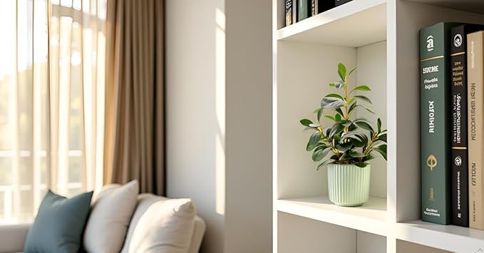 Ewtogift 14.6'' Fake Plant Ficus Leaves Artificial Plant in Light Green Ceramic Stripe Planter Faux Real Looking and Touching Evergreen for Home Living Room Indoor & Outdoor