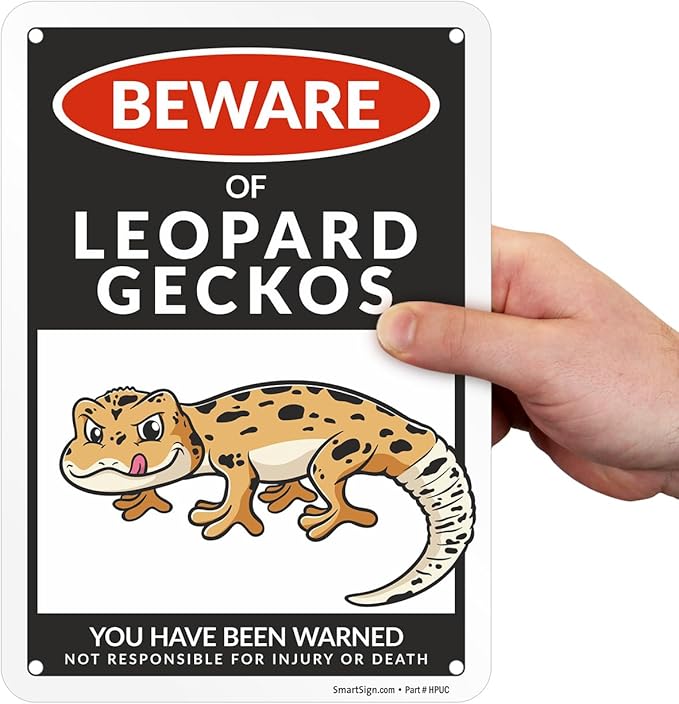 SmartSign Funny Beware Of Leopard Geckos Warning Sign - 10"x7", 40 mil Laminated Rust-free Aluminum - Metal Signs for Wall Decor, Bathroom, Outdoors, Patio, Gifts, Cafe - Geckos Theme, Made in USA