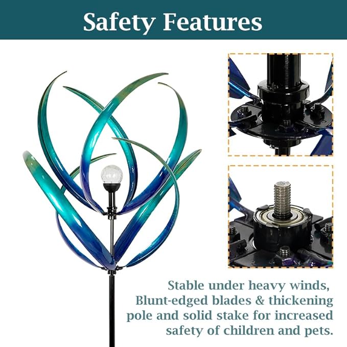 Lariander Outdoor Wind Spinners with Solar Light, 82'' Metal Large Spinner Yard Art, Peacock Blue Wind Sculptures for Garden Lawn Patio, Gifts for Family
