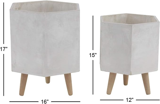 CosmoLiving by Cosmopolitan Magnesium Oxide Geometric Indoor Outdoor Planter Hexagon Large Planter Pot with Brown Wooden Legs, Set of 2 Planters 15", 17"H, White