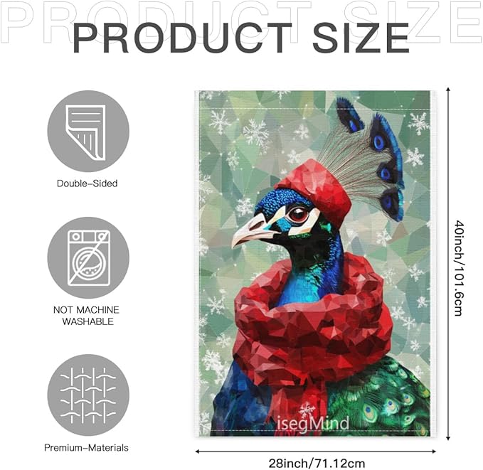 Peacock with Red Scarf and Hat Snowflake Christmas Garden Flag, 28x40 Inch Double Sided Linen Holiday Red Winter Farmhouse Yard Outdoor Decoration (4343)
