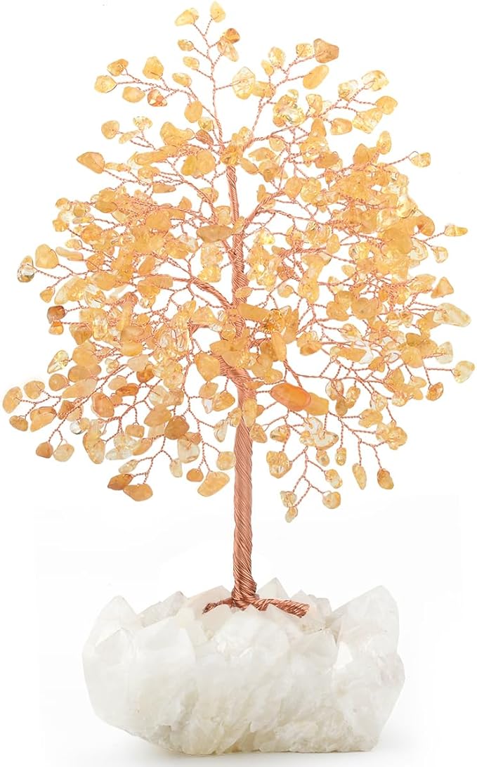 MASGEMES Gemstone Crystal Tree of Life,Natural Citrine with Row Clear Quartz Base,Chakra Healing Crystals Positive Energy Fengshui Decor Bonsai Money Tree,Home Decor Gift Height 8.5-9 Inches
