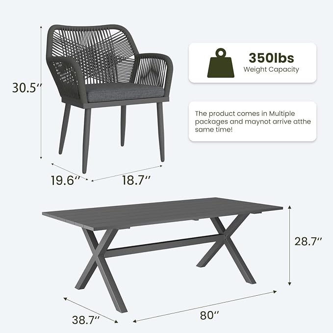 LayinSun Outdoor Dining Set for 4, 5 Pieces Patio Furniture Sets with Aluminum Dining Table and Rope Weave Chairs