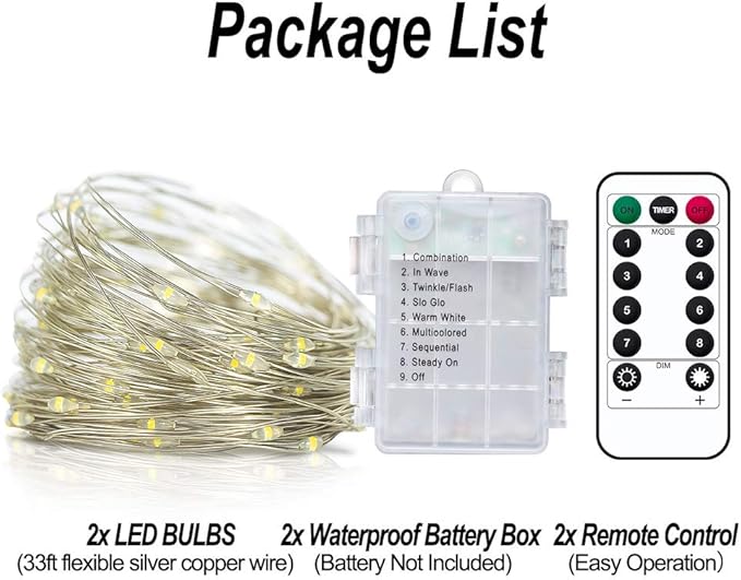 YoTelim LED Fairy String Lights with Remote Control - 2 Set 100 LED 33ft/10m Micro Silver Wire Indoor Battery Operated LED String Lights for Garden Home Party Wedding Festival Decorations(Warm White)
