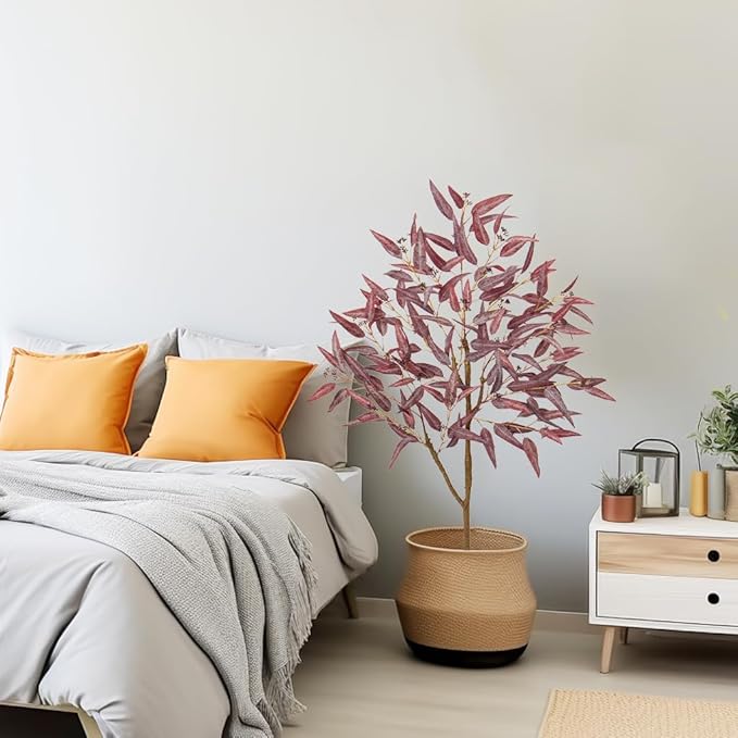 Briful 4ft Artificial Eucalyptus Tree in Black Pot, Realistic Silk Potted Floor Plant Eucalyptus Plant for Home Decor Indoor Outdoor Patio Office, Burgundy Leaf