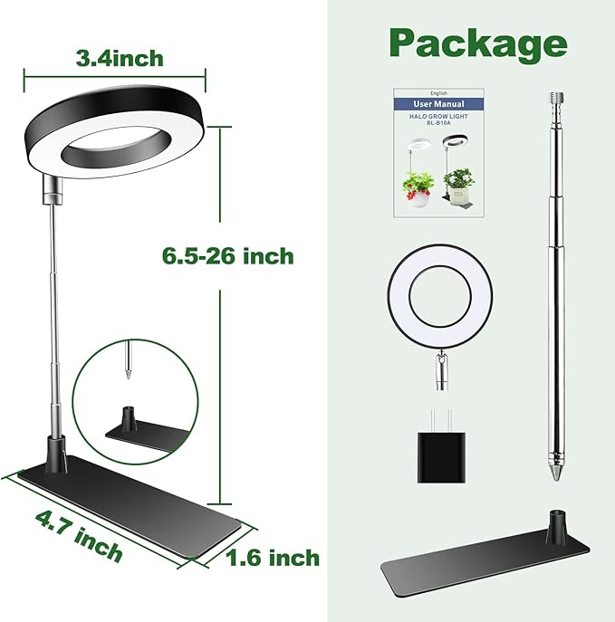 Aokrean Plant Grow Light, 48LEDs Full Spectrum Grow Lights for Indoor Plants, Height Adjustable Grow Lamp with Base, 3 Optional Spectrums, 3/9/12Hrs, 10 Brightness, Ideal for Small Plants, 1 Pack