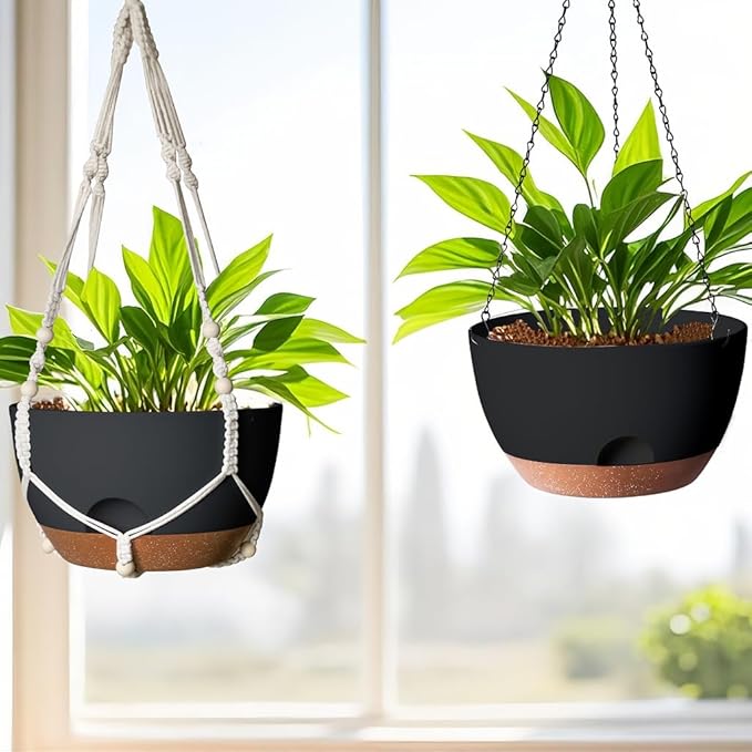 LESOASIS 12 Inch Hanging Baskets for Plants Outdoor, Hanging Planters for Indoor Outdoor Plants, Hanging Planter with Self Watering, Hanging Flower Pots (Black Planter with Macrame + Iron Hangers)