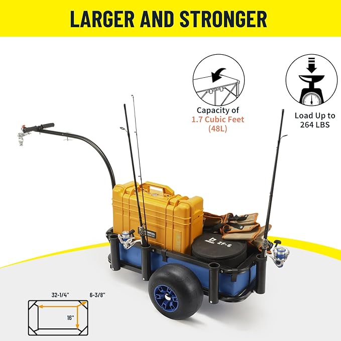 Beach Fishing Cart, 13" Big Wheels Black PU Solid Balloon Tires for Sand, Fishing Wagon Cart Large Capacity with 32-1/4" L x 16" W Liner and PP Plate, Heavy Duty Surf Cart w/Bicycle Hitch