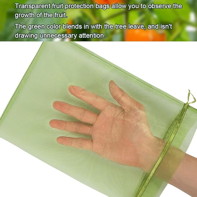 Shintop 100Pcs Fruit Protection Bags, 8x12 Inch Green Grape Netting Cover Drawstring Mesh Bags Pest Barrier for Fruit Trees Flower