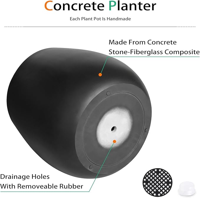 Heyzier Oval Concrete Planters for Outdoor Plants, Large Tall Cement Flower Pots Indoor for Garden, Front Porch, Patio (Black)