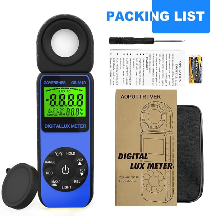 GOYERRNES Illuminance Light Meter, Digital Lux Foot Candles Meter 0.1~400,000 Lux (0.1~40,000 FC) with 270ยบ Rotatable Detector, Lumen Meter Luxmeter for Indoor Outdoor 881D