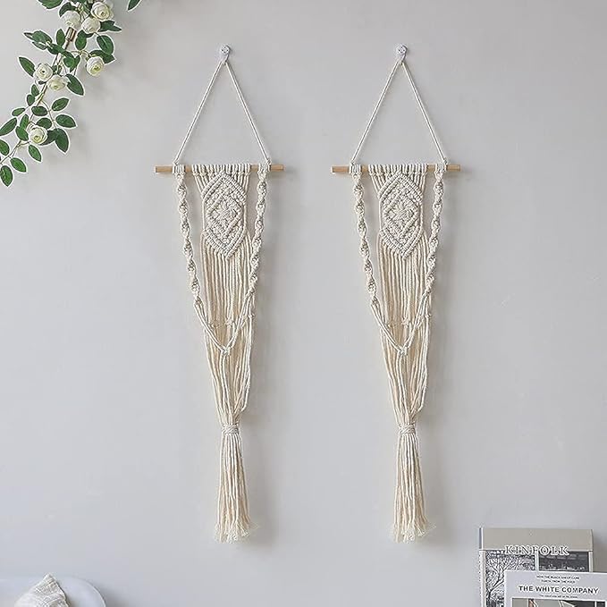 Artilady Boho Macrame Plant Hangers - Handmade Hemp Rope Hanging Baskets for Plants with Ceiling Hooks, Bohemian Home Decor Wall Art (White Wood Hanger)