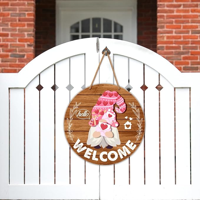 Interchangeable Gnome Welcome Sign Valentine's Day Porch Decor, Changeable Wooden Gnomes Front Door Decoration Wreath Hanger for Spring Summer Fall Winter All Seasons Holiday, Red Brown