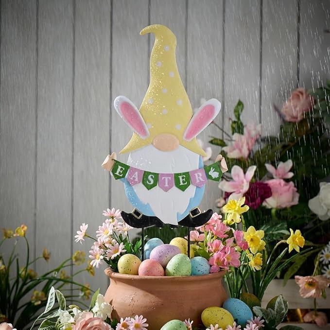 TERESA'S COLLECTIONS Easter Decorations Outdoor for Home, Metal Garden Gnomes Decor Yard Stakes, Pink & Blue Egg Rabbit Garden Stakes Gifts, Welcome Yard Signs for Outside Lawn Porch Patio, 27"