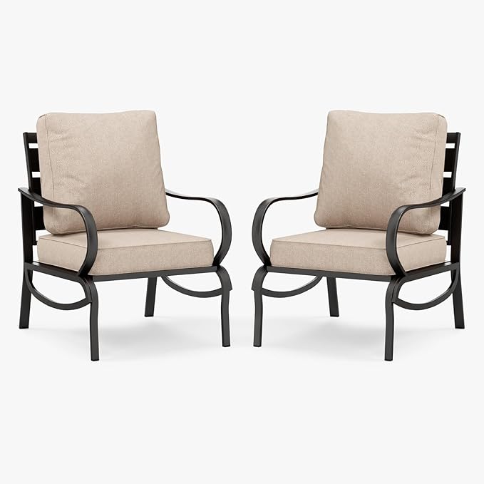 MFSTUDIO Metal Patio Conversation Sets, Outdoor Furniture Sofas Set of 2, 2 Pieces Durable Steel Frame Patio Chairs with 5.8" Beige Cushions for Patio Garden Backyard Balcony