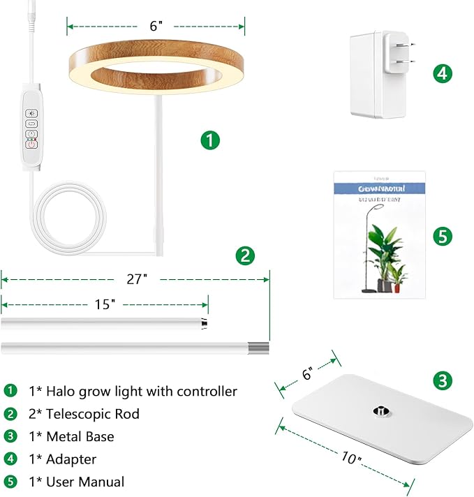 LPMZMBL One Head Grow Light for Indoor Plants Full Spectrum - Floor Standing Plant Lamp with Auto Timer 6/12/18H, 5-Level Dimmable & Adjustable Height 16.5-68in for Large Tall Plants |Faux Wood Design