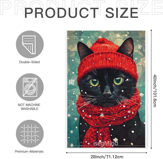Black Cat with Red Scarf and Hat Snowflake Christmas Garden Flag, 28x40 Inch Double Sided Linen Holiday Red Winter Farmhouse Yard Outdoor Decoration (4331)