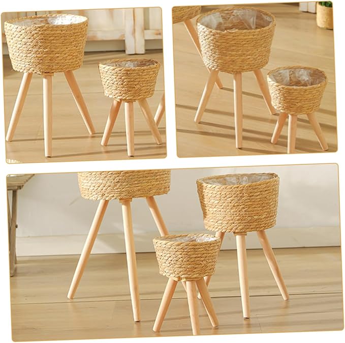 Wood Woven Plant Pot Stand with Legs Durable Minimalist Flower Basket for Indoor and Outdoor Use for Home Decor and Garden Display