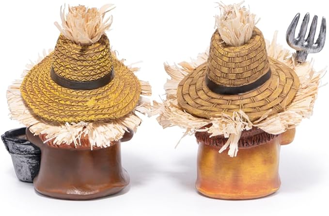 Hodao Farmer Gnomes Figurines — Rustic Resin with Straw Hats & Farm Tools, Hand-Painted Farmhouse Decor & Gift for Gardeners, Home, Porch(Orange)