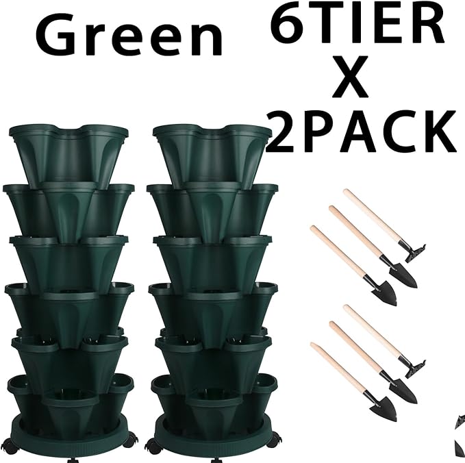 GameXcel Vertical Planter 6 Tier Stackable Planters Garden Planters Strawberry Herb Flower and Vegetable Planter Indoor Outdoor Gardening Pots with Removable Wheels and Tools 2-Pack