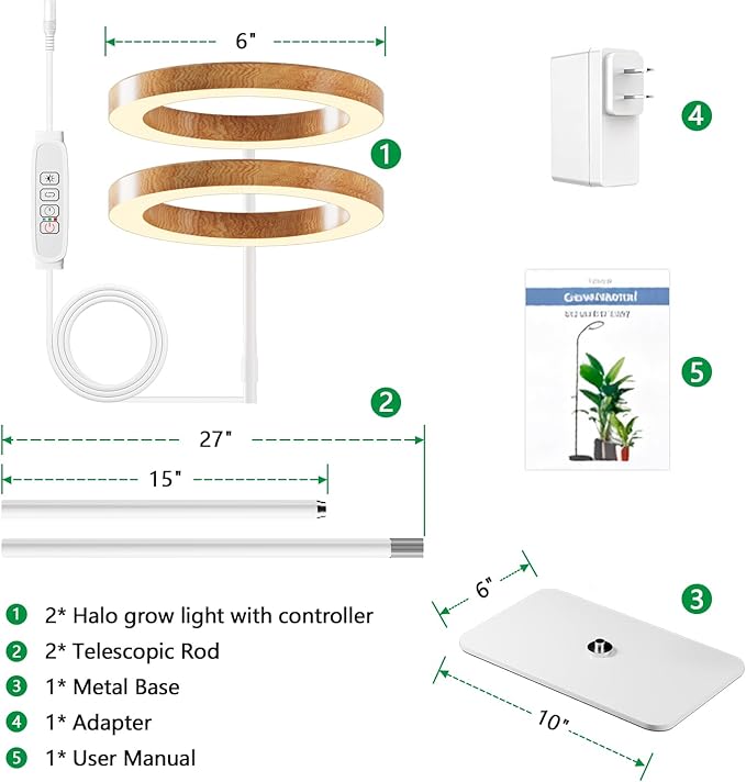 LPMZMBL Dual Head Grow Light for Indoor Plants Full Spectrum-Floor Standing Plant Lamp with Auto Timer 6/12/18H, 5-Level Dimmable & Adjustable Height 16.5-68in for Large Tall Plants | Faux Wood Design