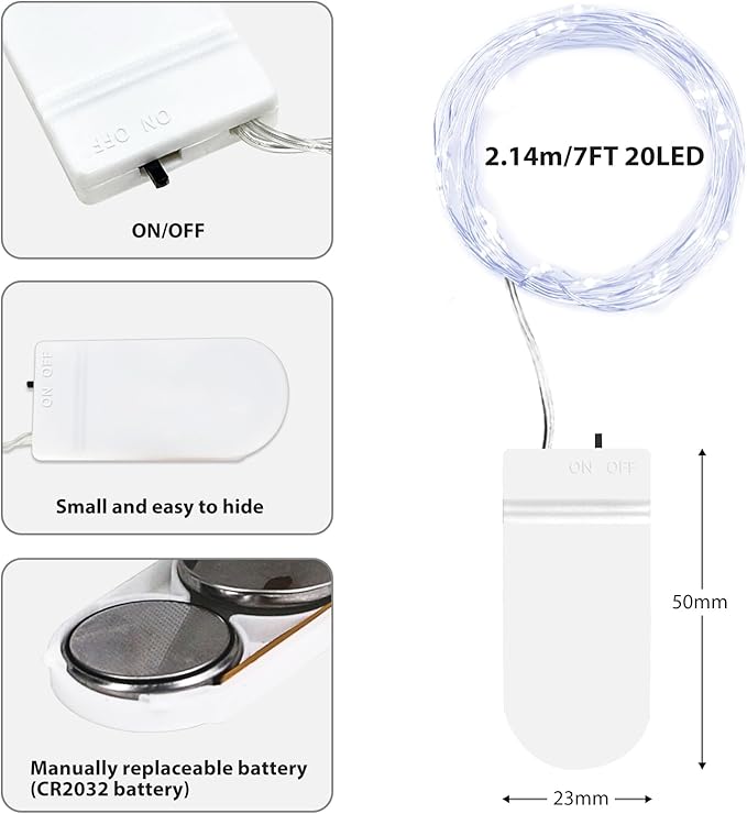 Litogo 7ft 20 LED Battery Operated Fairy Lights, Waterproof Silver Wire, Perfect for Mason Jars, Weddings, Parties, Bedroom, Patio, Cool White