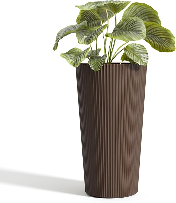 Diyfire Tall Outdoor Planter Front Porch Decor Set of 2-23.6" H Tall Planters for Outdoor Plants with Drainage Hole, Round Conical Design Flower Pots for Indoor/Patio/Garden, Brown