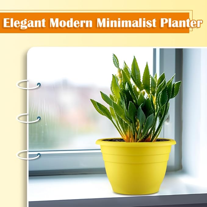 RooTrimmer 3 Pack 11 Inch Plant Pots with Drainage Hole and Plug, Durable Plastic Flower Pots for Indoor & Outdoor Plants, Elegant Mordern Plant Pots Perfect for Herbs, Flowers & Succulents, Yellow