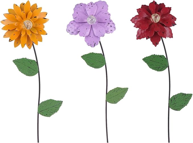 3 Pack Floral Garden Stake Decor, Glow in Dark Shaking Head Outdoor Plant Pick Water Proof Metal Flower Stick for Lawn Yard Patio Pathway Ornament