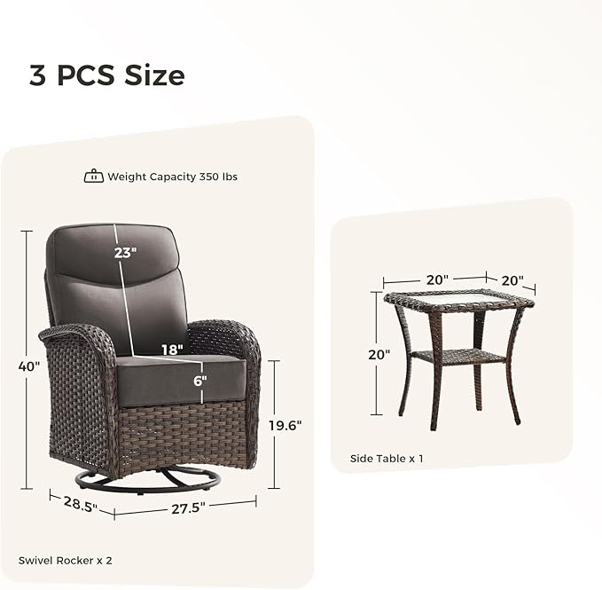 Luxury Outdoor Swivel Rocker Patio Chairs with 6-Inch Thick Cushions, High Back Swivel Glider Patio Chairs, 3PCS Wicker Outdoor Furniture Set for Porch, Patio, Yard, Deck, Poolside, Brown/Grey
