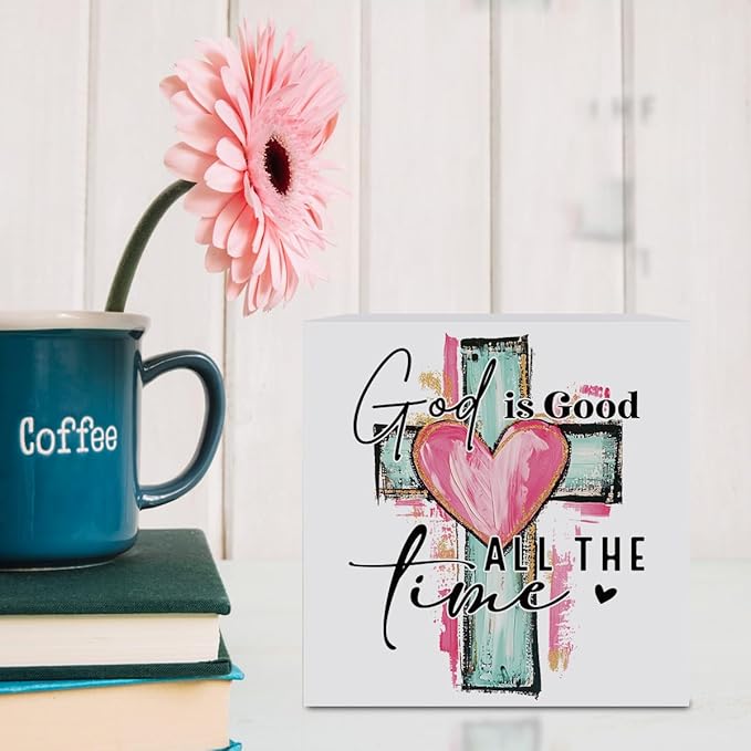 Valentines Day Decorations, Valentines Day Gifts for Her Him, Gift for Boyfriend Girlfriend, Romantic Watercolor Cross Anniversary Christian Wooden Box Sign Husband Wife Home Office Desk Decor