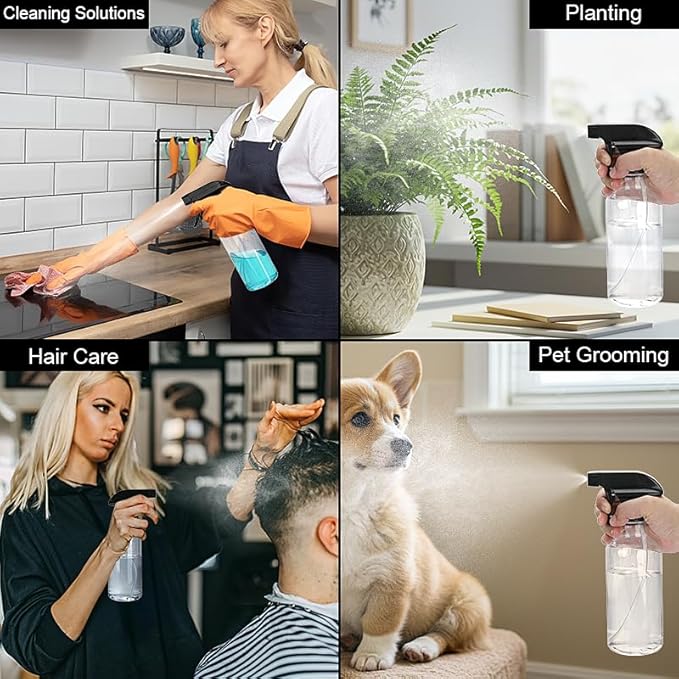 Plastic Spray Bottles 12oz 2 Pack Adjustable Mist/Stream Spraying Heavy Duty Square Water Spray Bottles for Hair, Cleaning Solutions, Plants, Cooking,BBQ,Essential Oils (BlackClear)