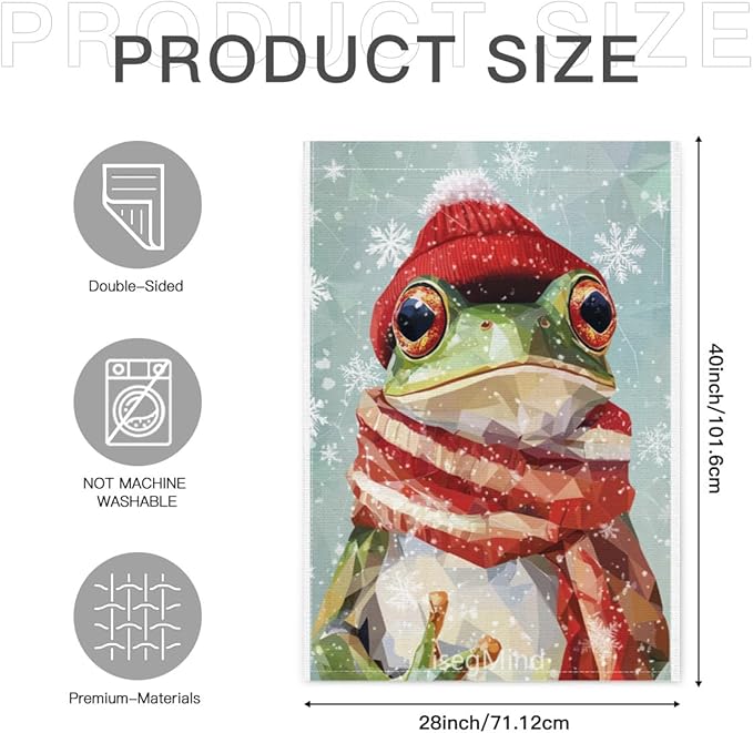 Frog with Red Scarf and Hat Snowflake Christmas Garden Flag, 28x40 Inch Double Sided Linen Holiday Red Winter Farmhouse Yard Outdoor Decoration (4342)