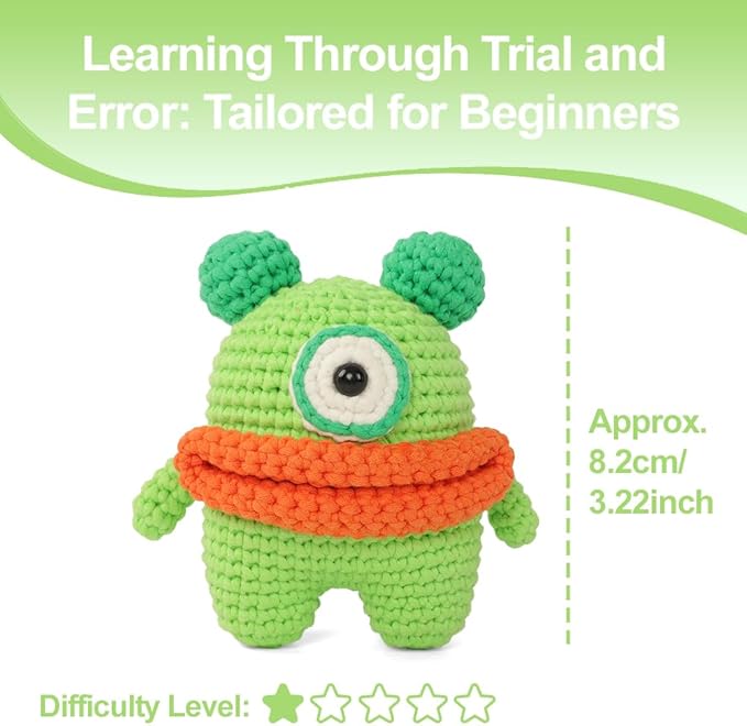 Autglint Monster Crochet Kit for Beginners - Whimsical Amigurumi Creature DIY Starter Set with Video Tutorials | Sensory Soft Yarn & 40% Extra Material | Emotional Support Worry Monster Gift