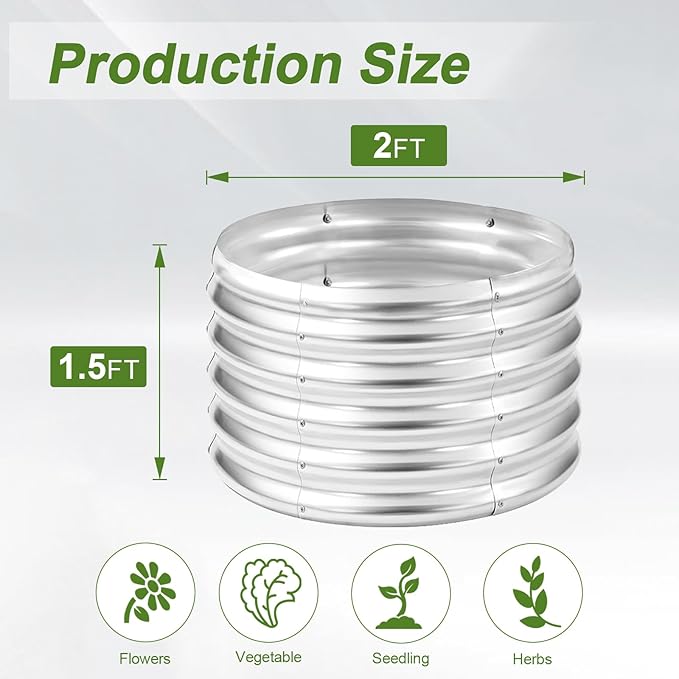 AHEONLAR 2x2x0.97ft Round Galvanized Raised Metal Garden Bed Kits, Large Metal Planter Outdoor for Vegetables, Fruits, Flowers and Herbs, Silver