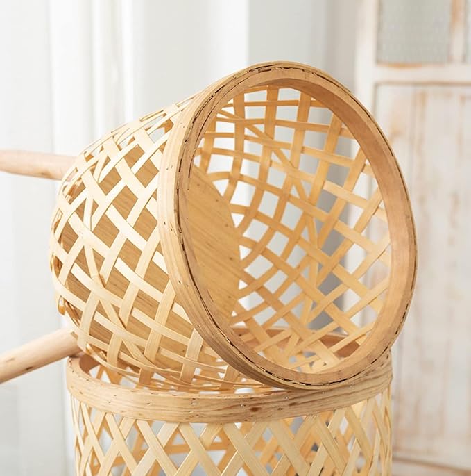 RISEON Set of 2 Handmade Mid Century Modern Planter, Rustic Indoor Rattan Basket Flower Pot Plant Stand,Large Floor Planter Natural