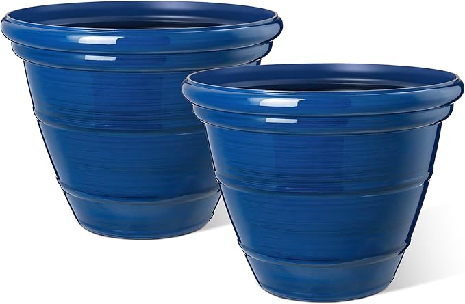 Glitzhome 19.5" D Large Flower Pots, Cobalt Blue Faux Ceramic Finish Plastic Tall Planters, Tall Planters for Outdoor Plants with Drainage Holes, Round Plant Pots for Front Porch Patio Deck, Set of 2